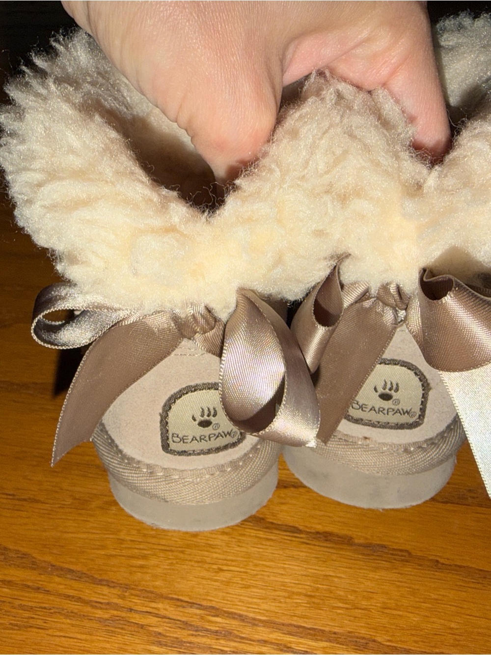BearPaw Taupe Suede Toddler Shearling Boots with Satin Ribbons